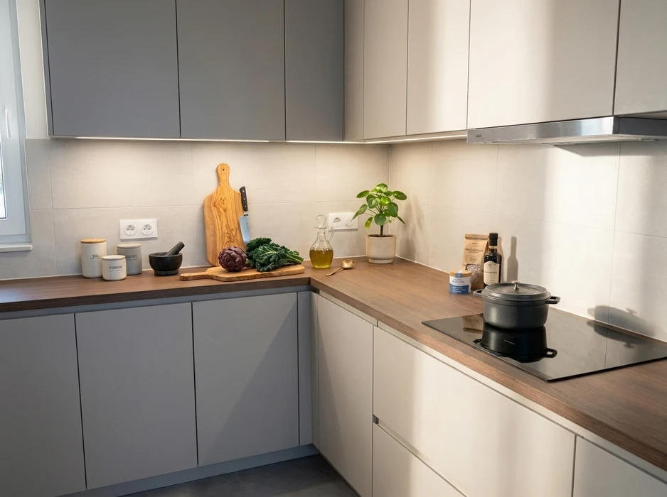 Cuisine moderne en L, plan de travail bois, façades grises et crème sans poignées