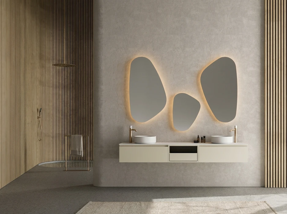 Salle de bain contemporaine haut de gamme, double vasque à poser ronde en céramique blanche sur meuble suspendu laqué ivoire