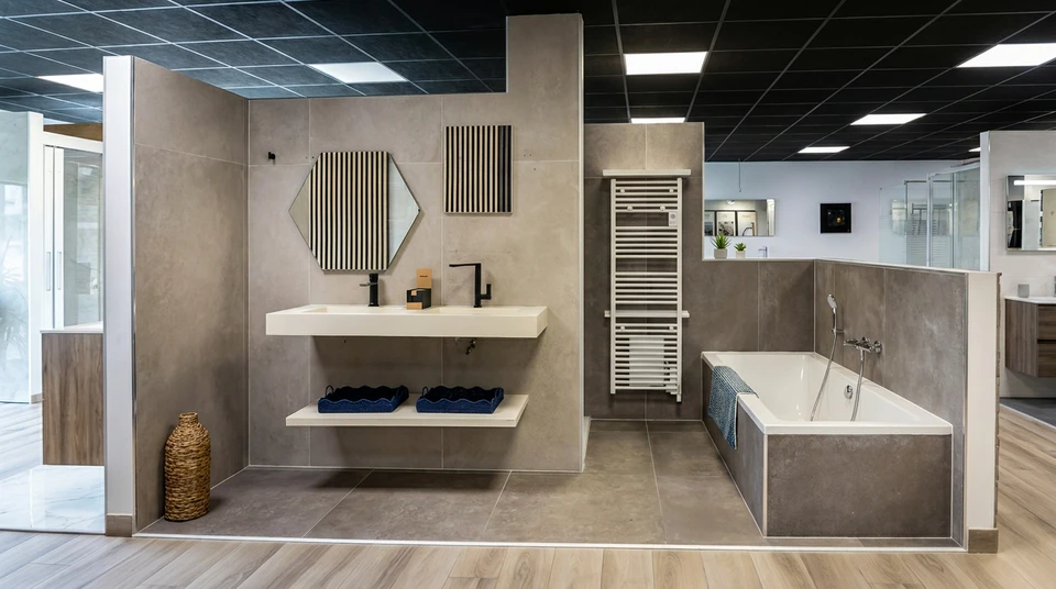 Intérieur d'un magasin de revêtements de sol avec présentoir organisé d'échantillons de parquet et stratifié