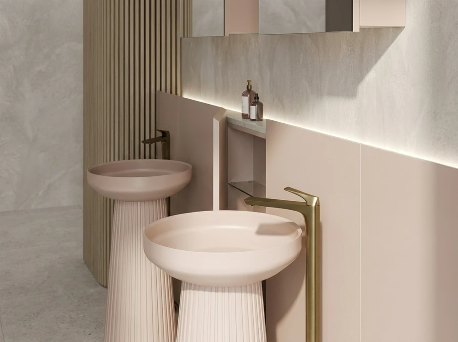 Salle de bain moderne avec meuble vasque suspendu à deux tiroirs rainurés, coloris terre cuite