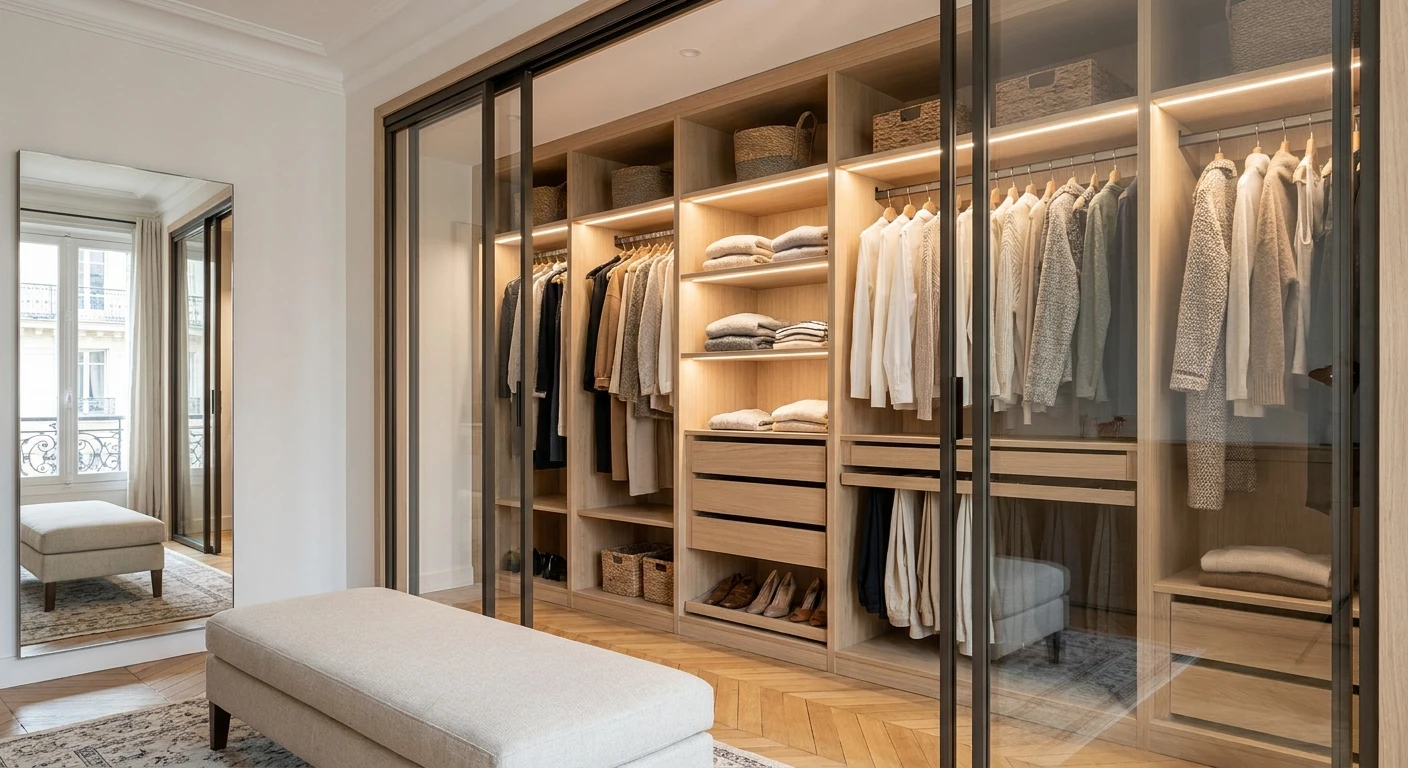 Dressing luxueux avec placards blancs laqués à portes vitrées, tiroirs intégrés et miroir doré ornemental