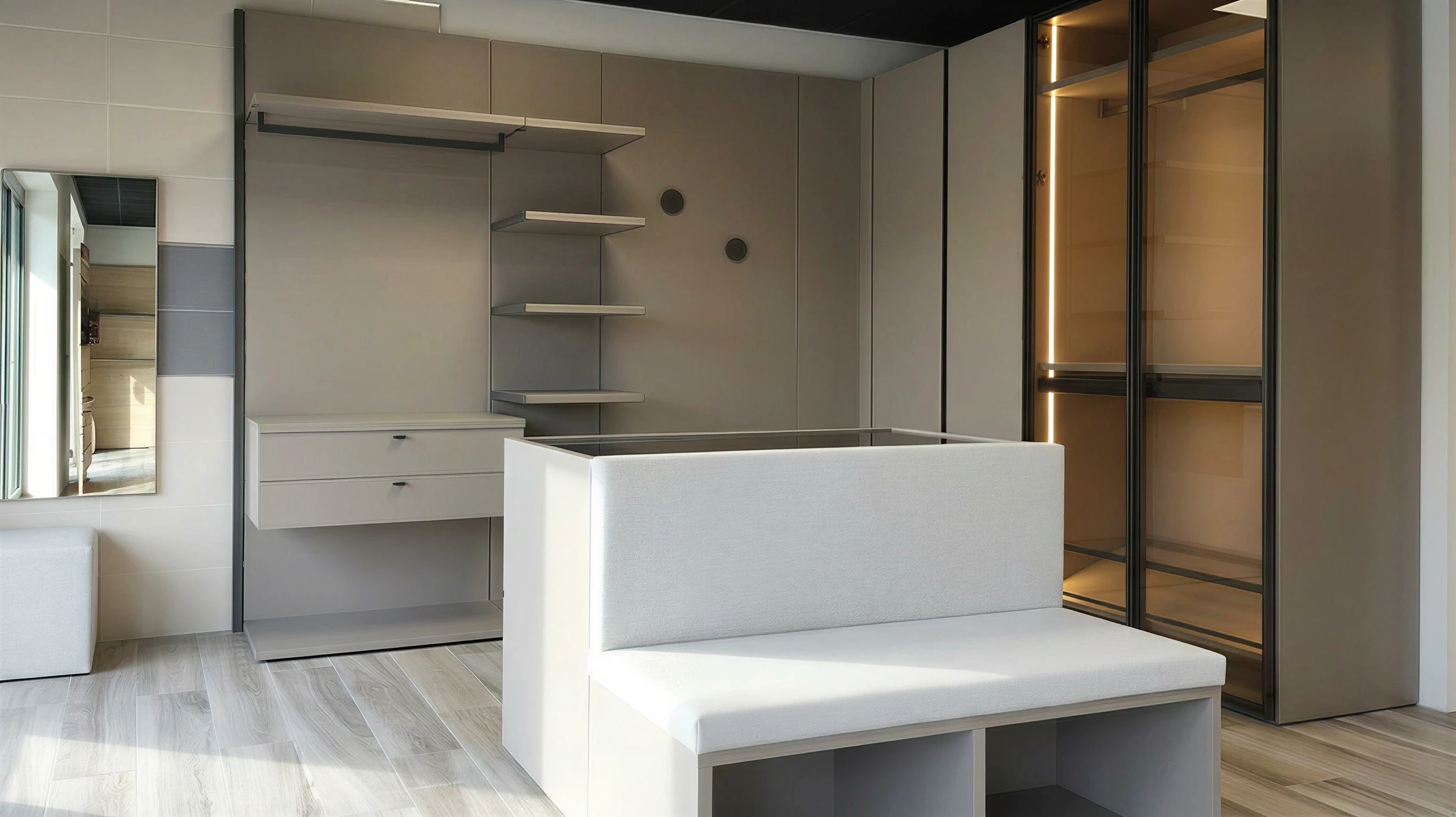 Photographie professionnelle d'un projet d'agencement intérieur premium montrant un dressing ou un espace de rangement sur mesure : mobilier de rangement custom avec portes et étagères intégrées en finitions haut de gamme (laqué, bois noble ou matériaux composites exclusifs), éclairage LED intégré mettant en valeur l'organisation interne, garde-robes ouvertes révélant l'ordre et la qualité des finitions intérieures, harmonie de couleurs discrètes et intemporelles, style contemporain et minimaliste. L'image doit démontrer la capacité de l'entreprise à créer des solutions de rangement sur mesure de prestige, fonctionnelles et esthétiques.