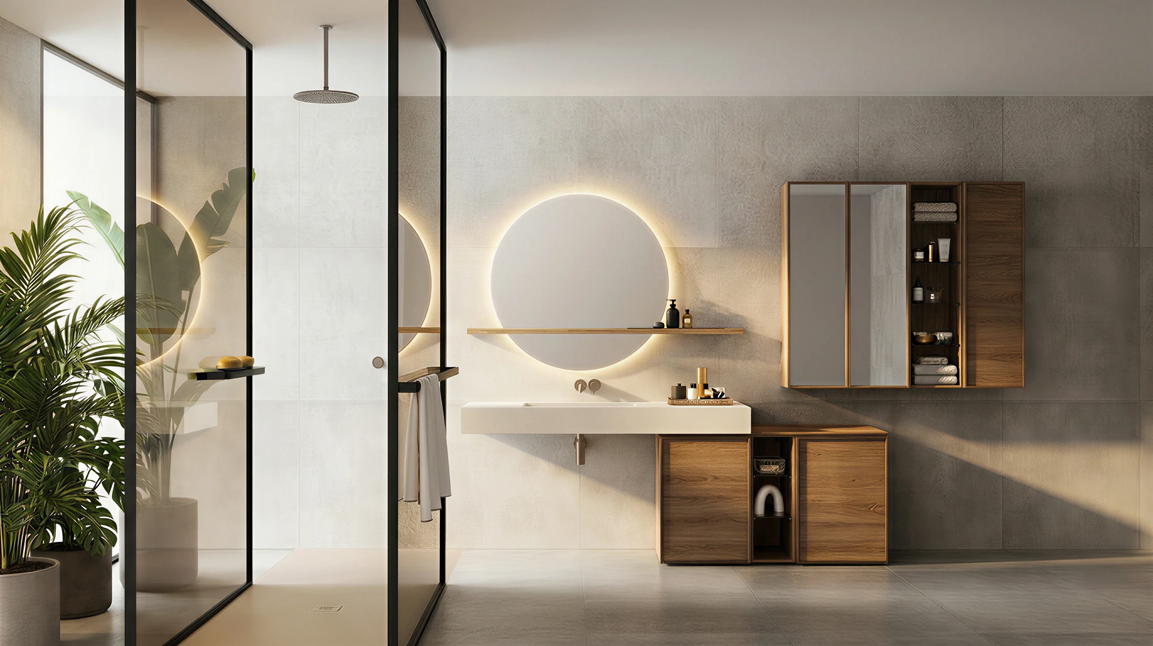 Salle de bain moderne haut de gamme avec douche à l'italienne vitrée, vasque ovale blanche sur plan en bois exotique, robinetterie chromée contemporaine, sèche-serviettes design vertical