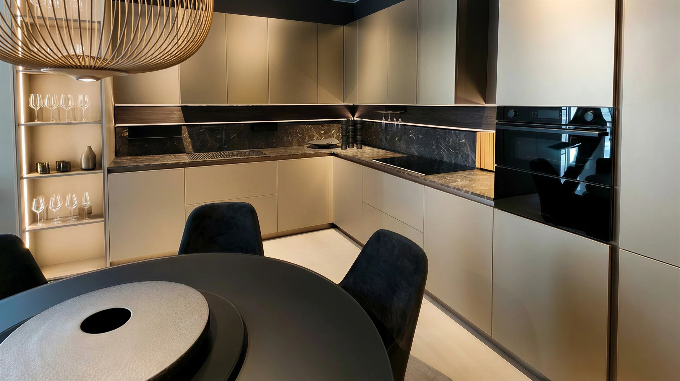 Cuisine moderne ouverte avec îlot central, plan de travail en quartz blanc, façades laquées grises, crédence miroir