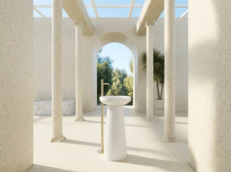 Photographie en plan serr&eacute; d'une collection de mat&eacute;riaux premium d'agencement int&eacute;rieur dispos&eacute;s harmonieusement&nbsp;: plusieurs &eacute;chantillons de carrelage haut de gamme aux finitions vari&eacute;es (marbre, terrazzo, aspect b&eacute;ton cir&eacute;), des nuances de rev&ecirc;tements de sol en stratifi&eacute; ou vinyle premium, et un &eacute;l&eacute;ment de mobilier design en gros plan (d&eacute;tail d'une fa&ccedil;ade de salle de bains ou d'une poign&eacute;e de meuble). Les mat&eacute;riaux doivent pr&eacute;senter des textures raffin&eacute;es, des couleurs subtiles et des finitions prestigieuses. La composition doit transmettre l'exclusivit&eacute;, l'excellence et le caract&egrave;re haut de gamme. &Eacute;clairage professionnel mettant en valeur les d&eacute;tails et les finitions. Prise de vue l&eacute;g&egrave;rement en contre-plong&eacute;e pour renforcer le prestige.