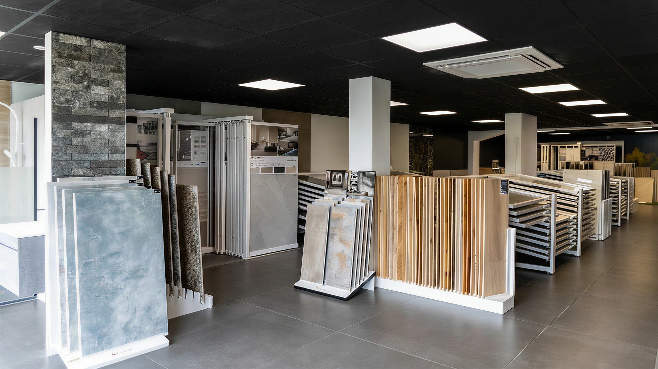 Photographie d'un showroom haut de gamme et spacieux de décoration intérieure, mettant en avant un espace lumineux et épuré avec des présentations élégantes de matériaux premium (carrelages, revêtements de sol, agencements de cuisines et salles de bain design). L'espace doit montrer des mobiliers et des éléments de dressing ou cuisine sur mesure exposés de manière professionnelle. La composition doit transmettre une atmosphère exclusive, calme et sophistiquée, avec un éclairage ambiant professionnel, absence de clients ou visiteurs (pour souligner l'expérience privatisée), et un cadre clairement dédié à une expérience client haut de gamme et personnalisée.